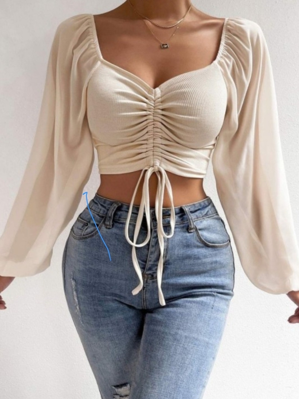 Cream Ruched Drawstring Crop Top with Bishop Sleeves
